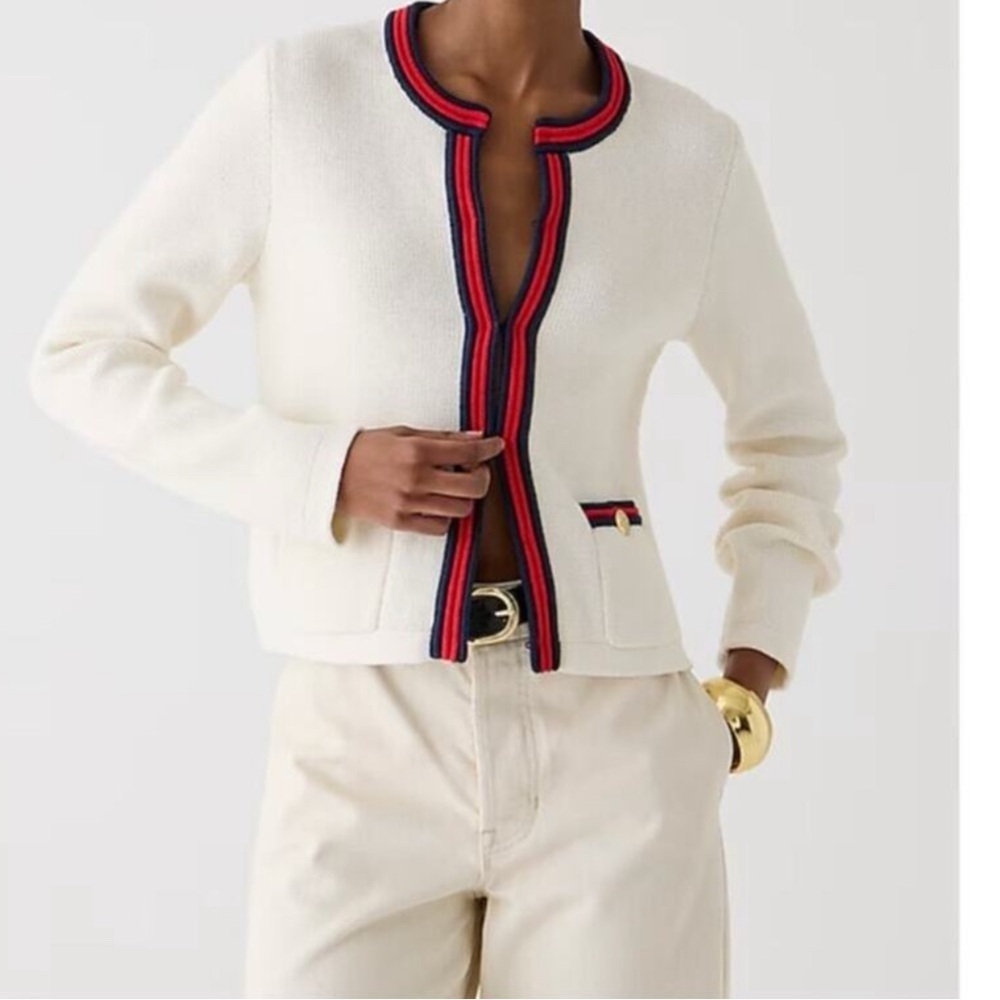 J crew NWT Emilie sweater in cream with red piping down middle size small